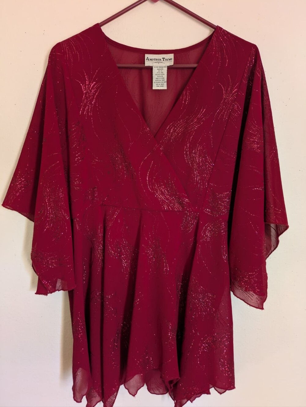 Another Thyme Red Glitter Shimmer Wrap Top Plus Size 1X Handkerchief Hem